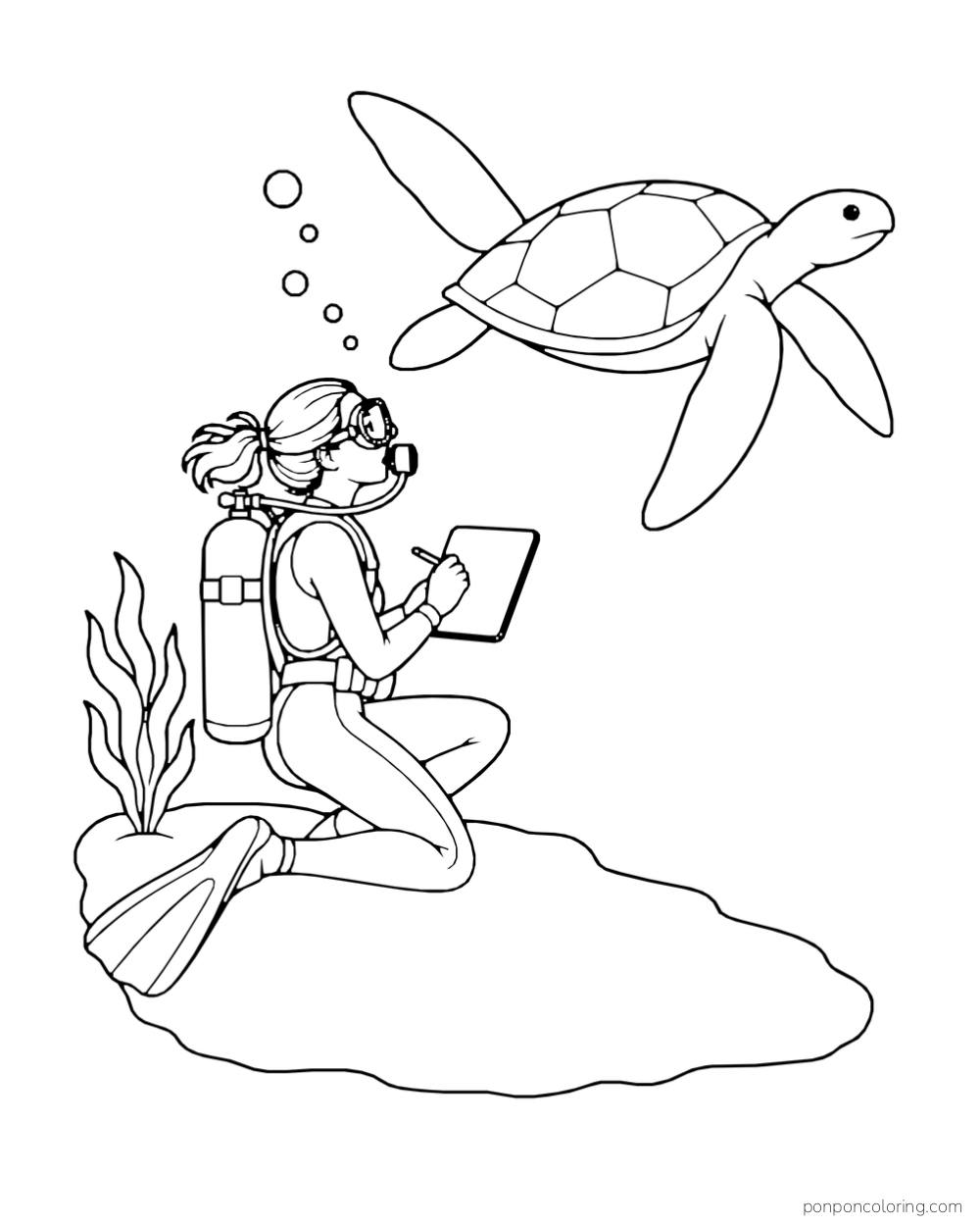 A diver kneels with a pencil and slate while a sea turtle swims nearby.