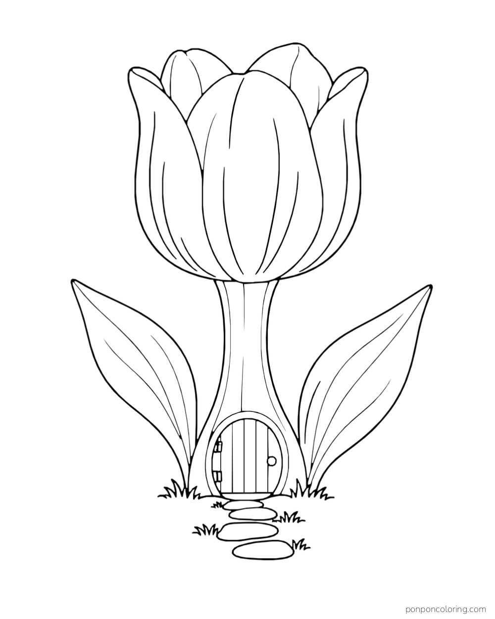 A little round door and stone path beneath a giant tulip flower.