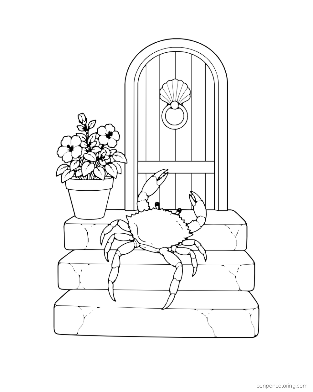 A crab raises one claw on stone steps before an arched wooden door and a flowerpot.