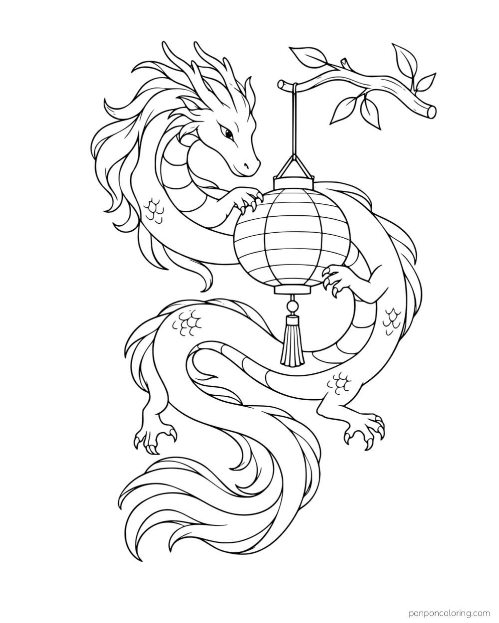 A long antlered dragon holding a round lantern suspended from a leafy branch.