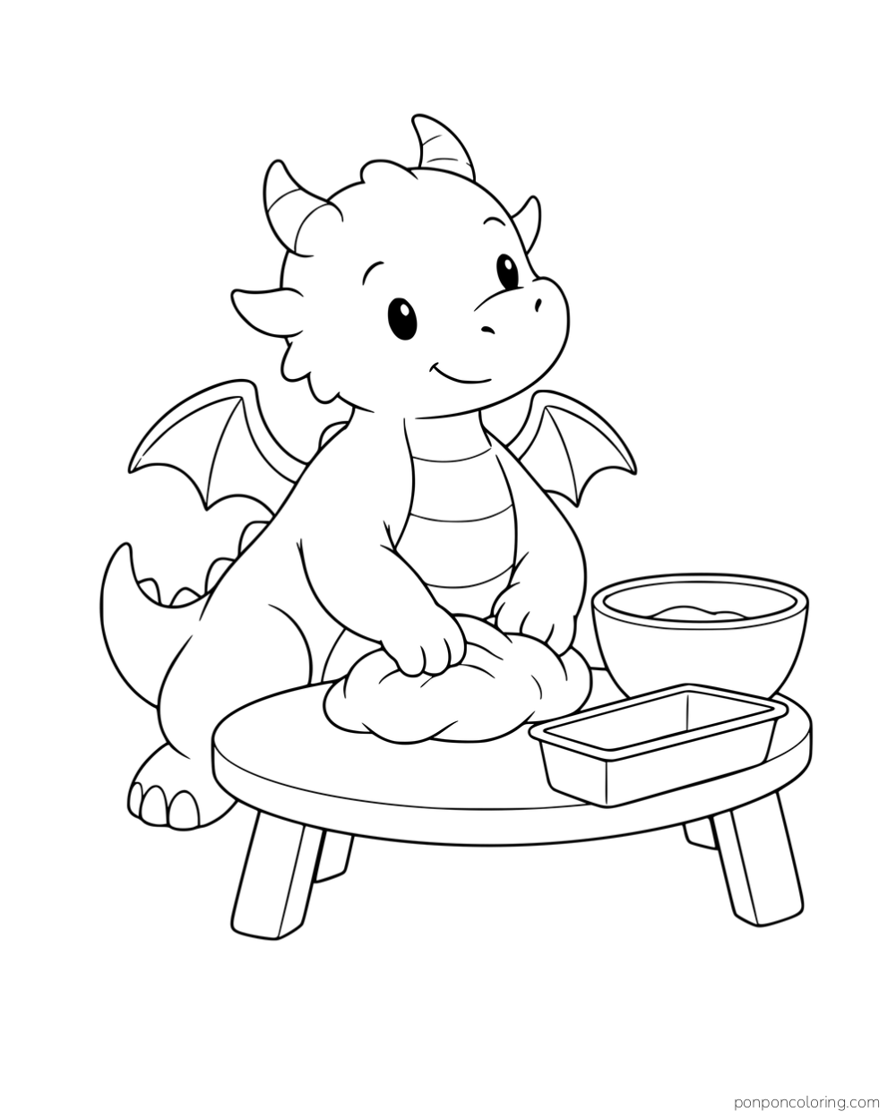 A little dragon kneading dough on a round table beside a bowl and loaf pan.