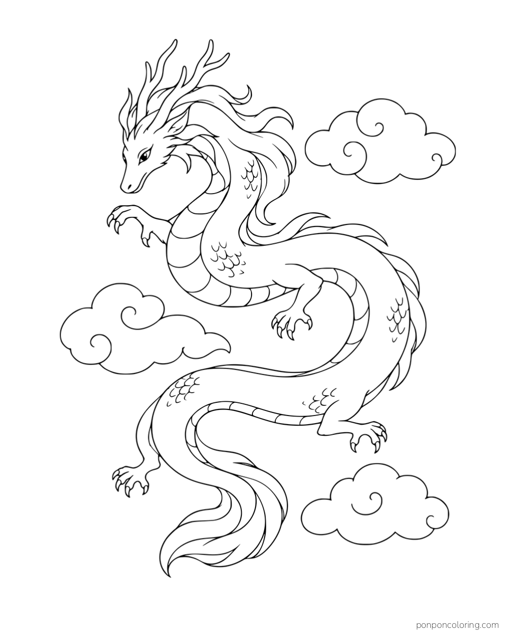 A long antlered dragon curling among three clouds, with four clawed feet and a flowing tail.