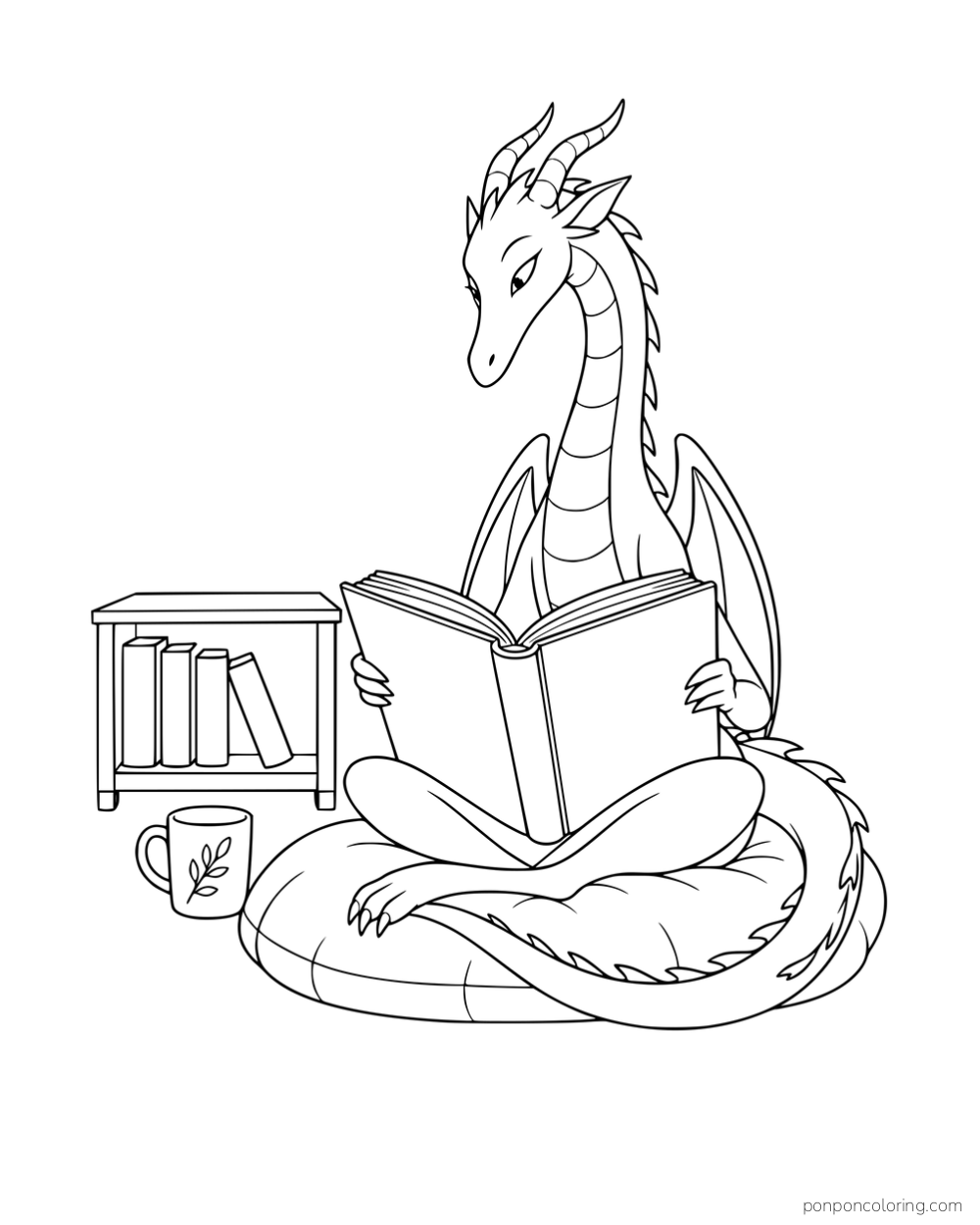 A long-necked dragon reading on a cushion beside a low shelf with four books and a mug.