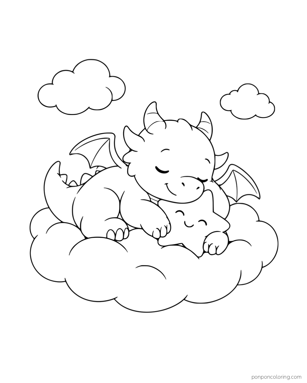 Two small dragons sleeping together on a cloud beneath two smaller clouds.