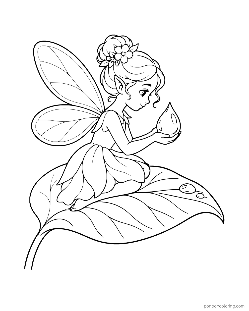 Side-view fairy sitting on a broad leaf while holding a large dew drop.