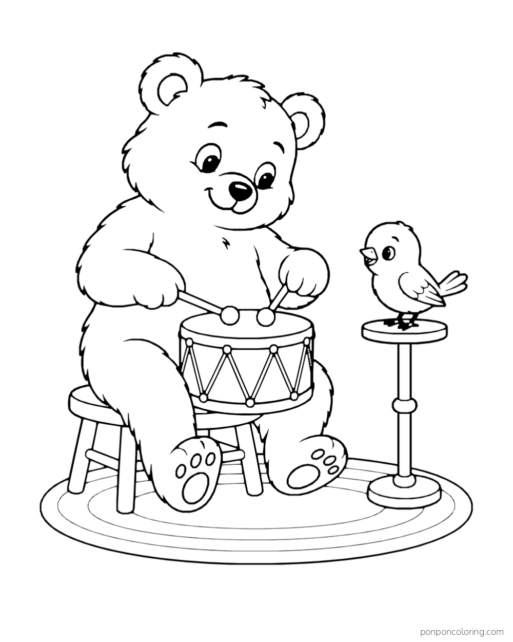 A seated bear taps a small drum with two sticks while a bird perches on a nearby stand.