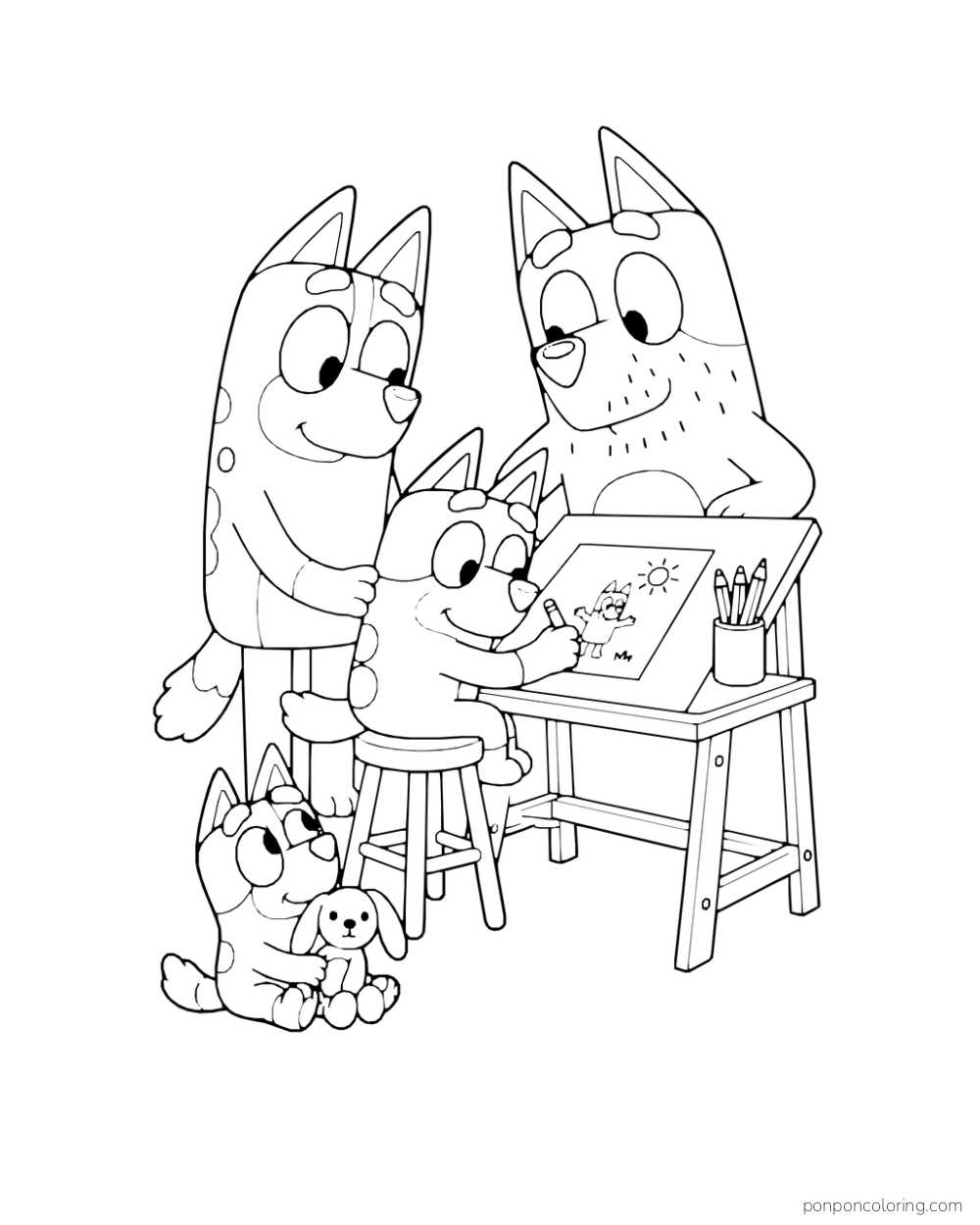 Bluey draws at a desk while Bandit and Chilli watch and Bingo holds a toy rabbit nearby.