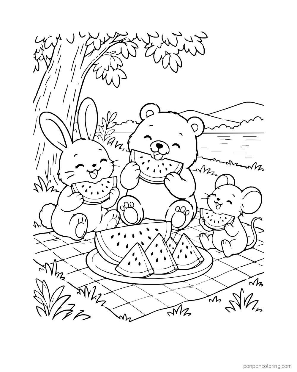 A bunny, bear, and mouse eating watermelon around a picnic platter beneath a tree.