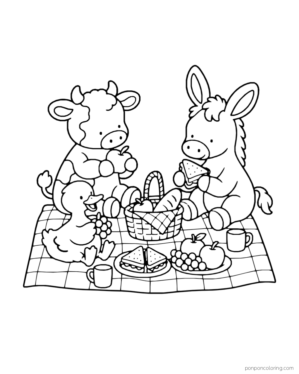 A calf, donkey and duck share sandwiches and fruit on a checkered picnic blanket.