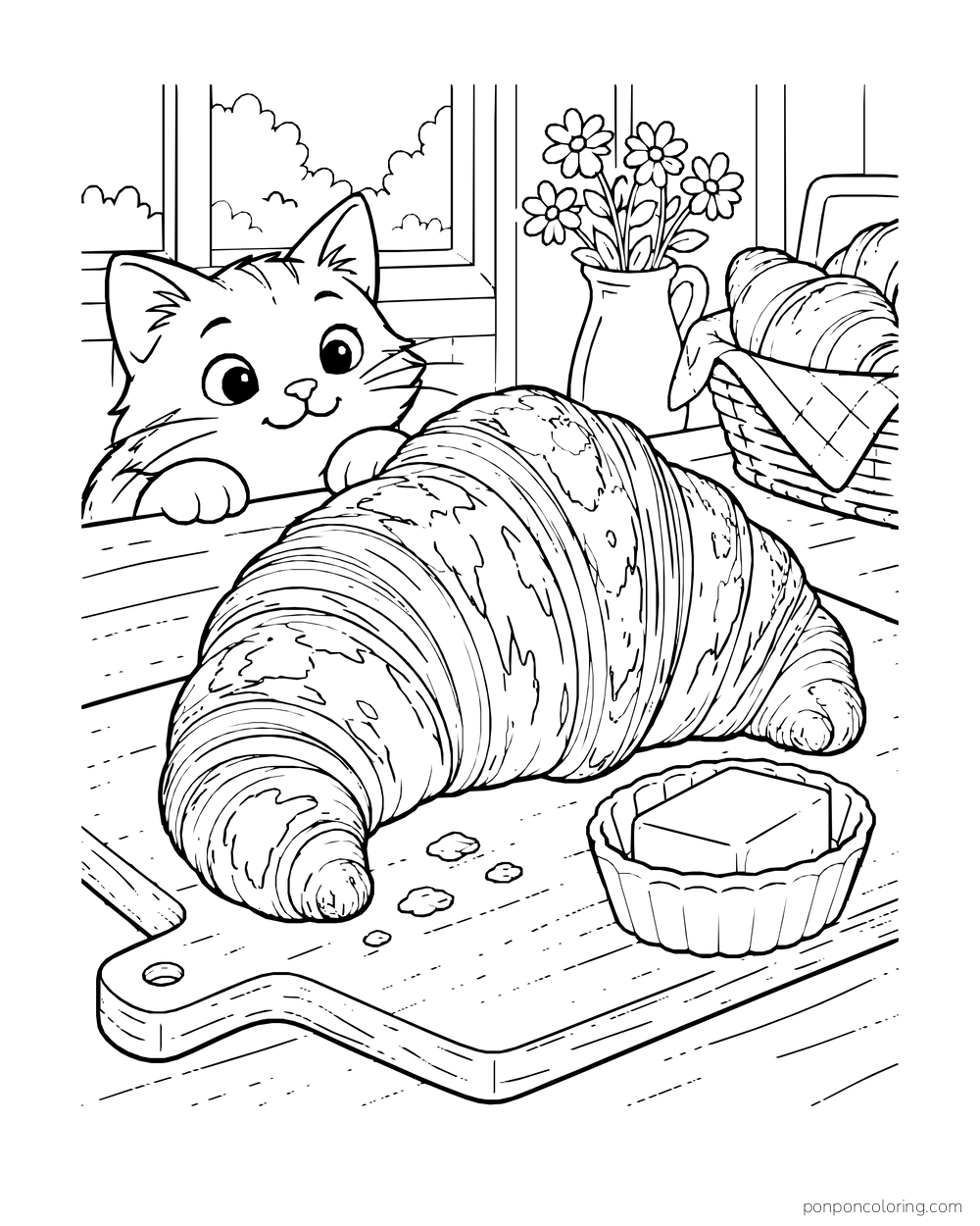 A kitten watches a large layered croissant on a cutting board beside a butter dish.