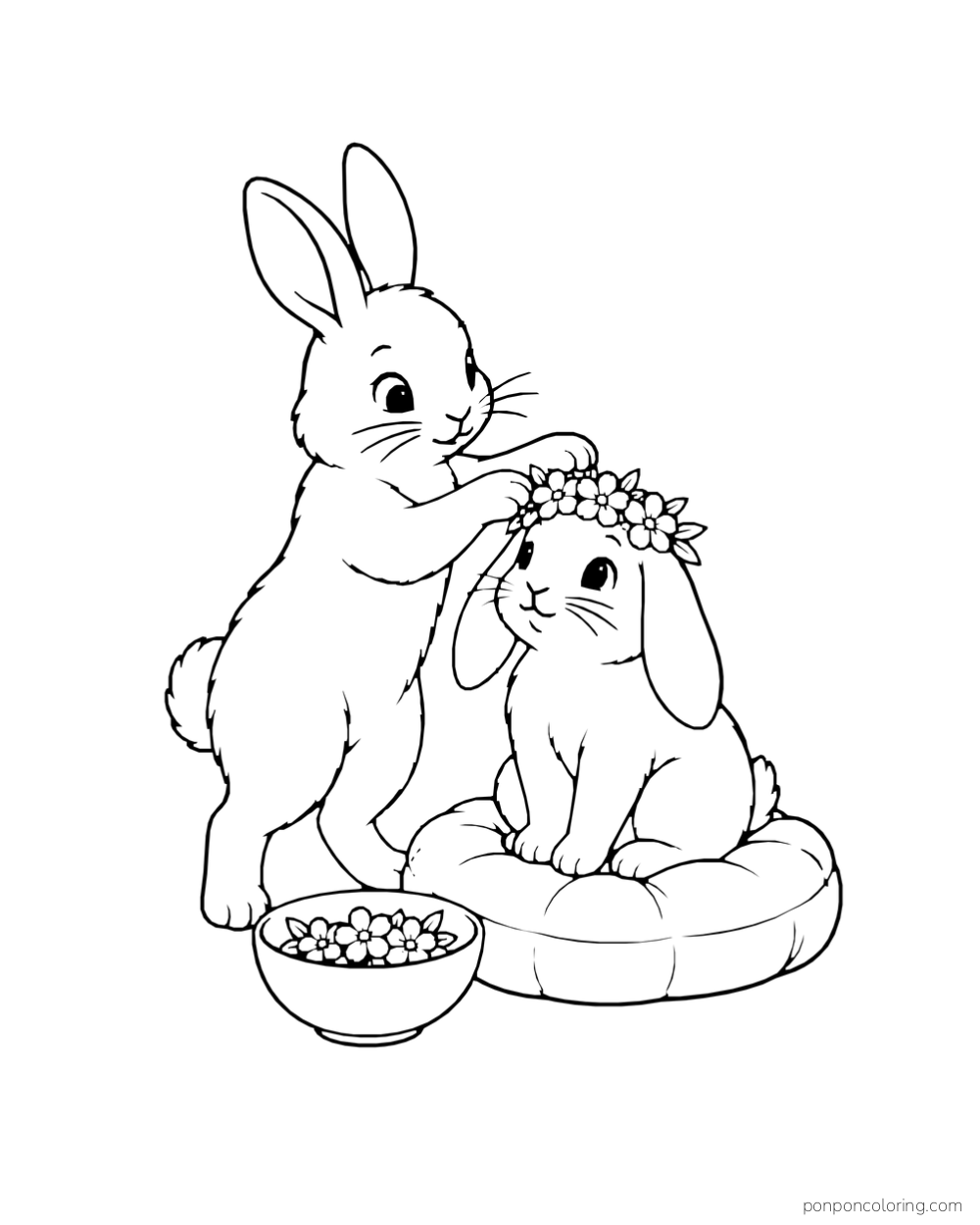 A rabbit places a flower crown on a smaller rabbit sitting on a cushion.