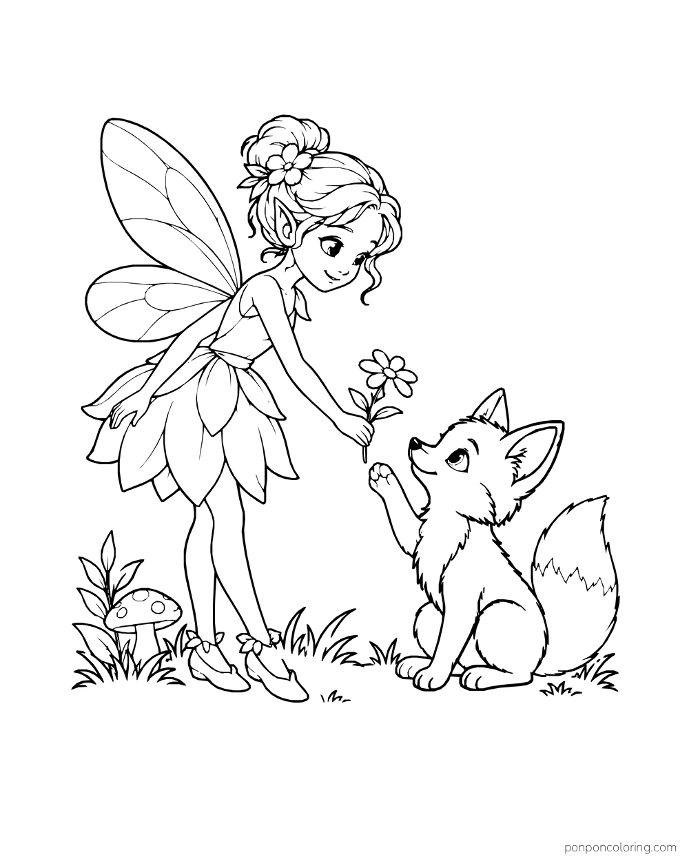 Fairy holding out a flower to a seated fox cub.