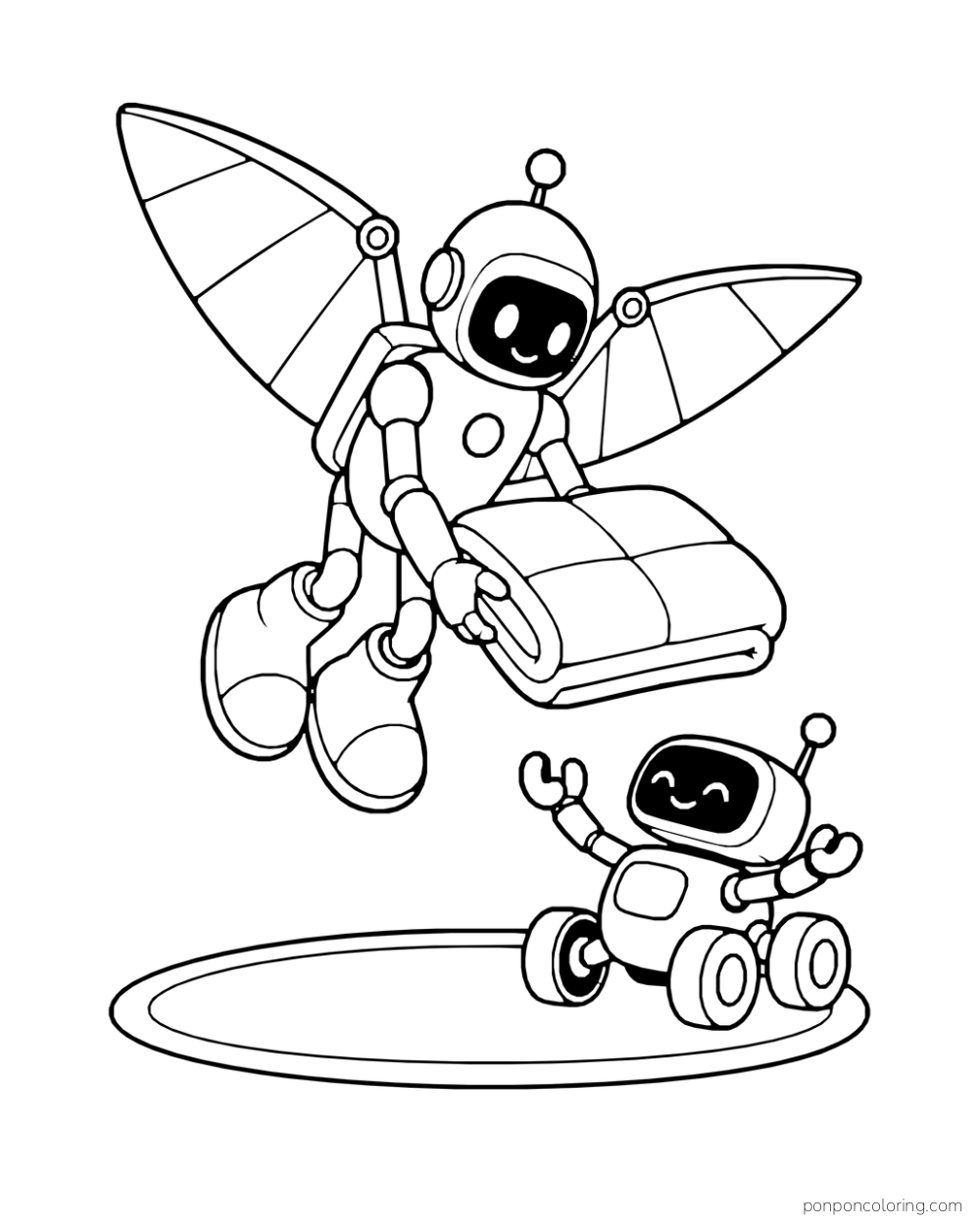A winged robot brings a folded blanket toward a small wheeled rover.