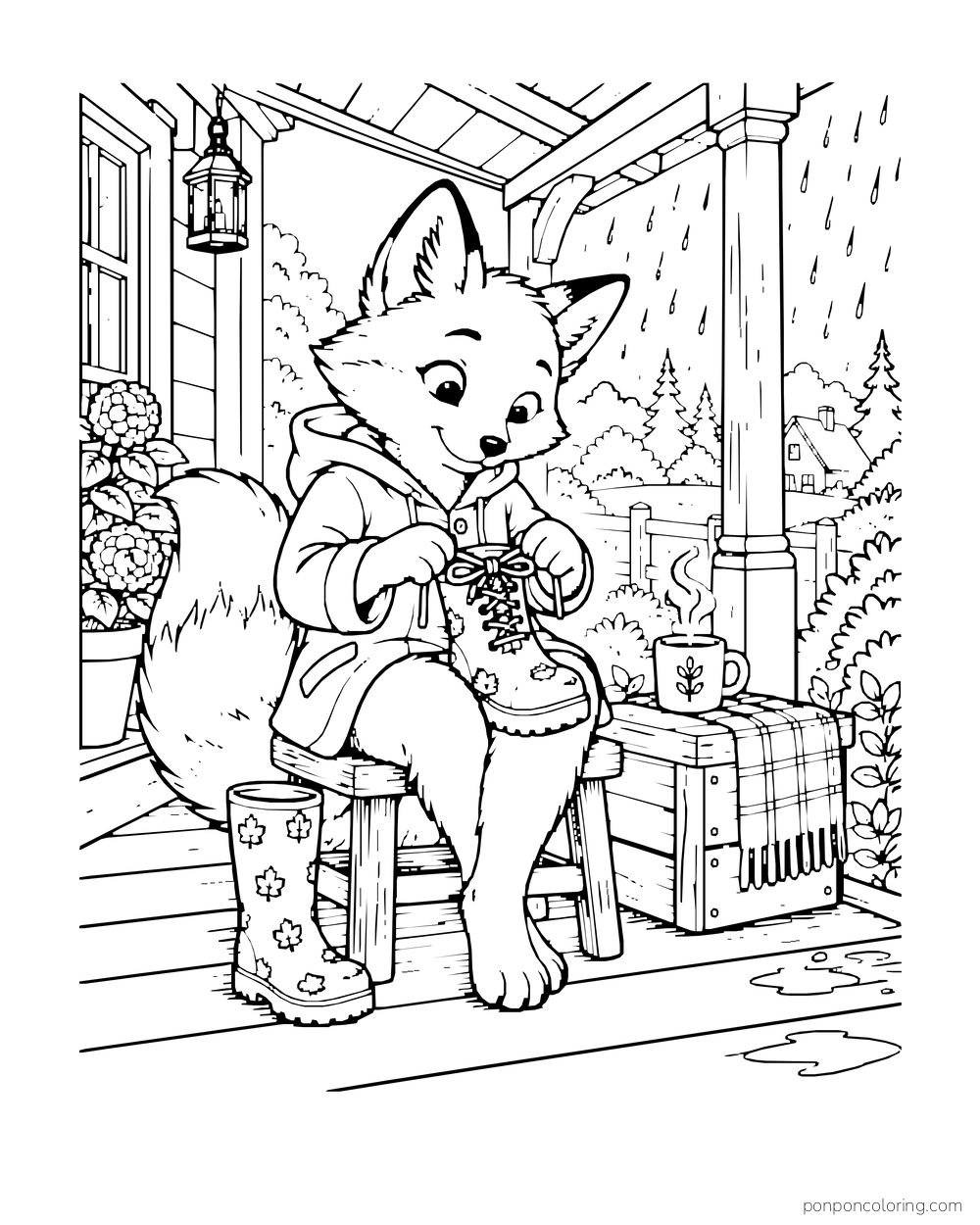 A fox sits on a covered porch with a rain boot on its lap, tending the laces.
