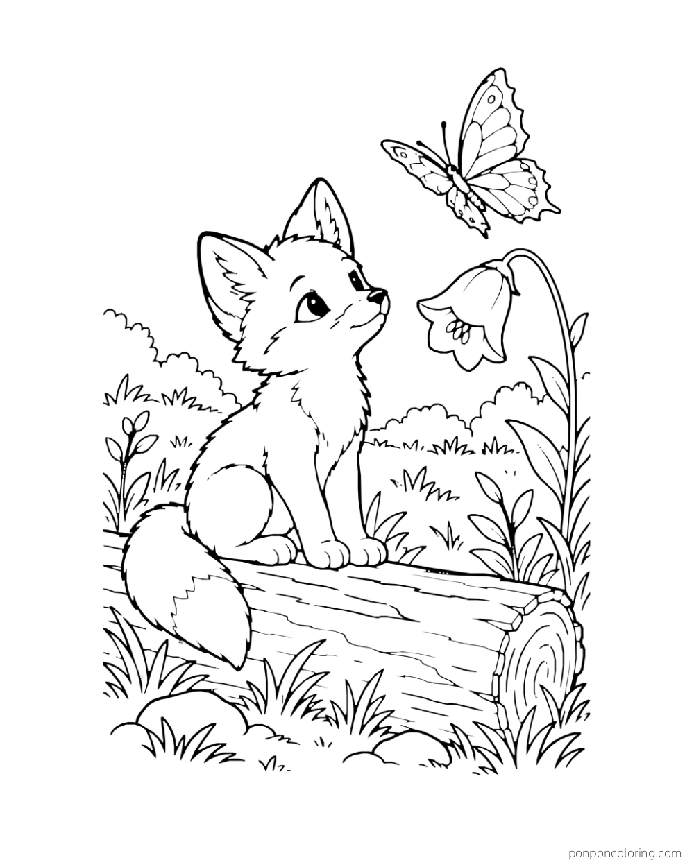 A fox cub on a log watches a small butterfly above a bell-shaped flower.