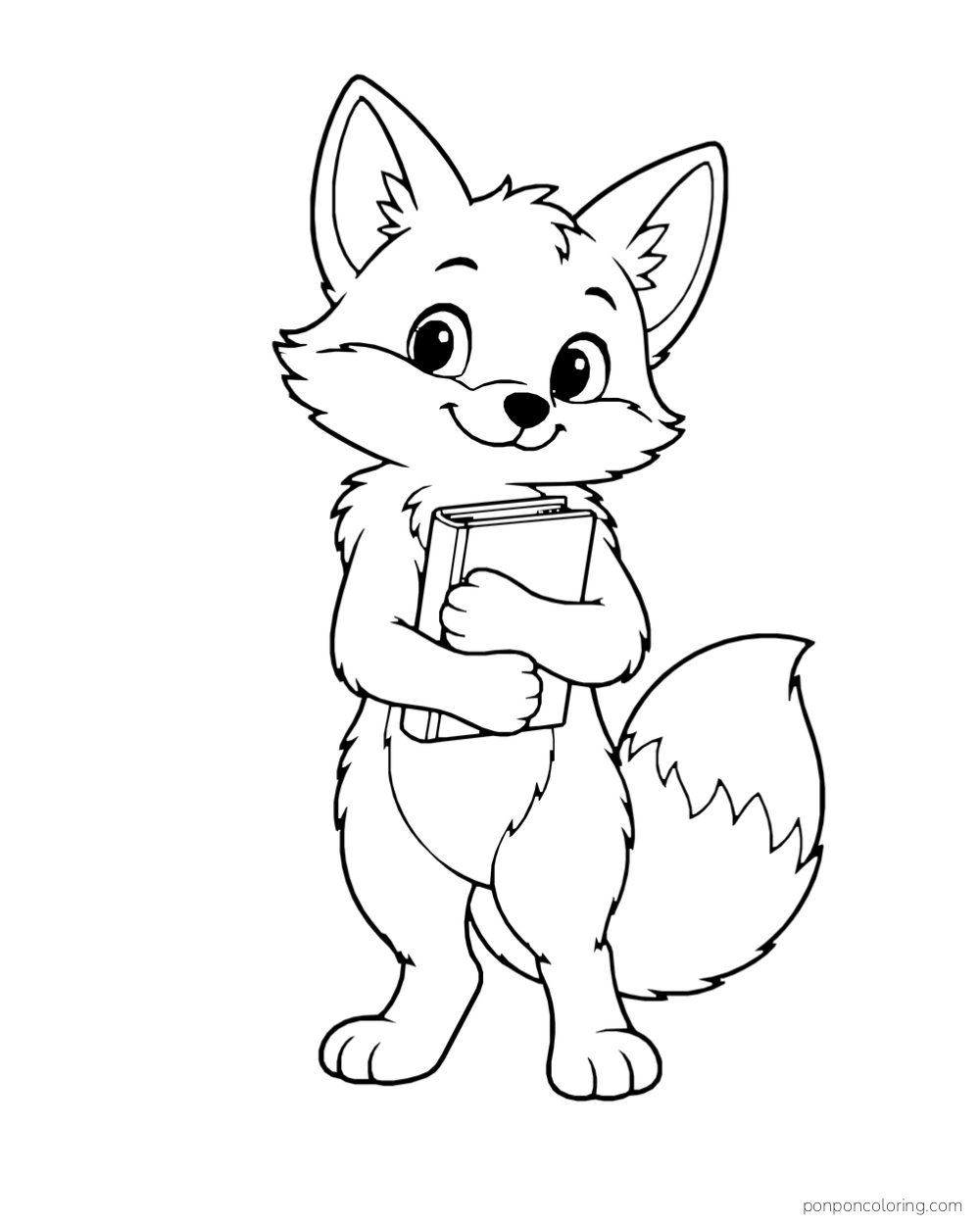 A standing fox holding a closed book against its chest.