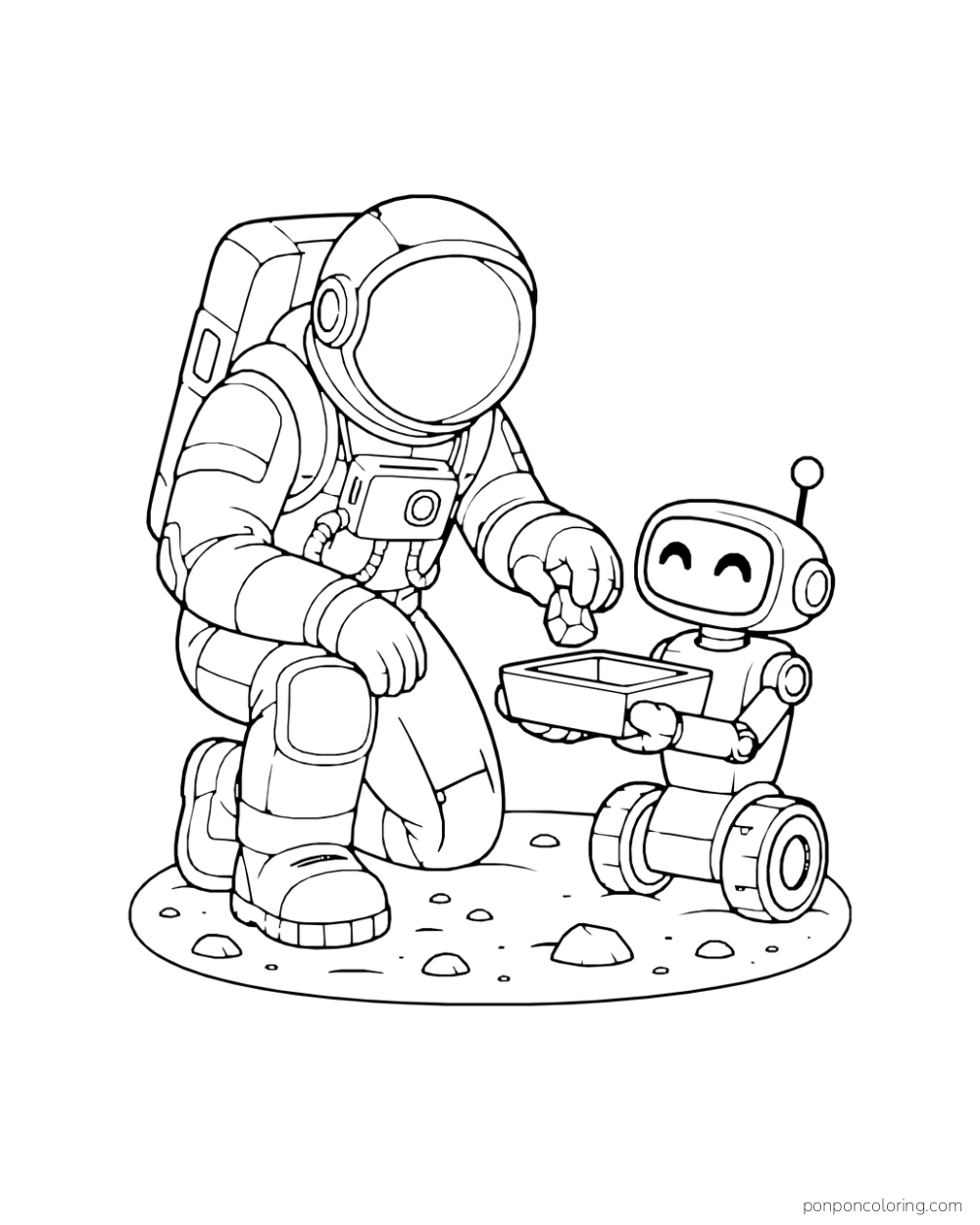 An astronaut kneels beside a robot holding a sample tray on a small rocky patch.