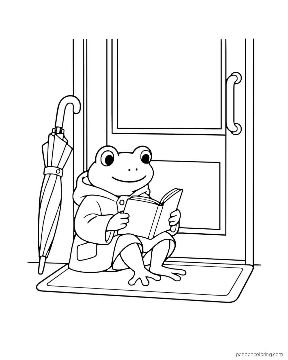 A frog in a raincoat reading beside a closed umbrella at the shop entrance.