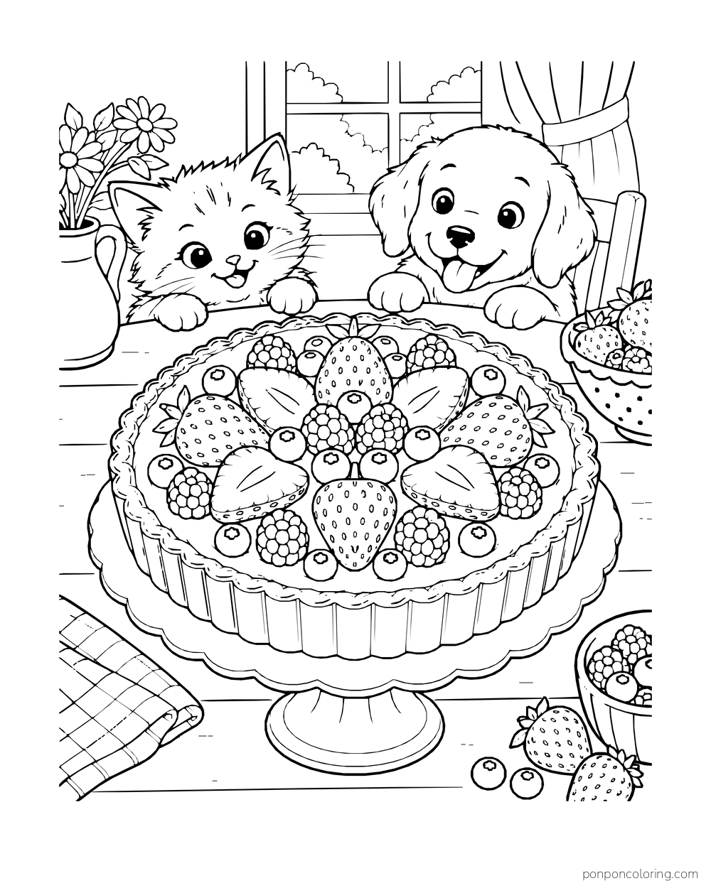 A puppy and kitten look over a fruit tart piled with berries on a cake stand.