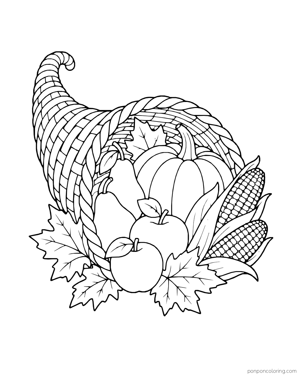 A woven cornucopia spills pumpkins, apples, corn and leaves.