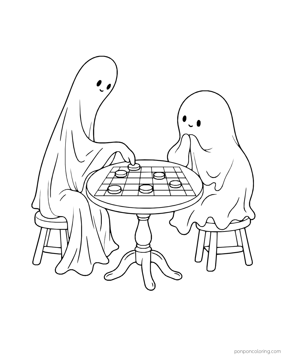 Two ghosts sit at a small round table playing checkers.