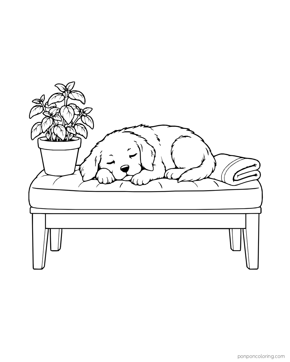 A puppy sleeps on a cushioned garden bench beside a potted herb and folded towel.