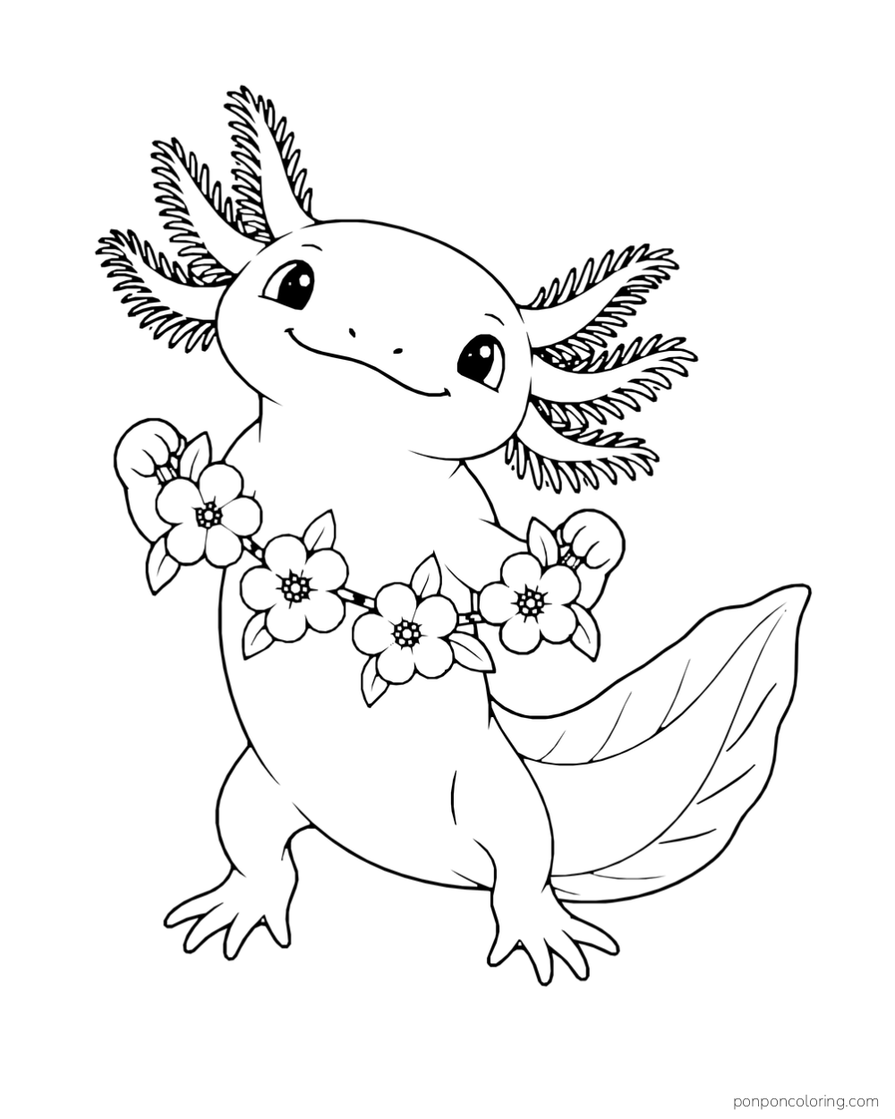 Axolotl holding a chain of five flowers across its chest.