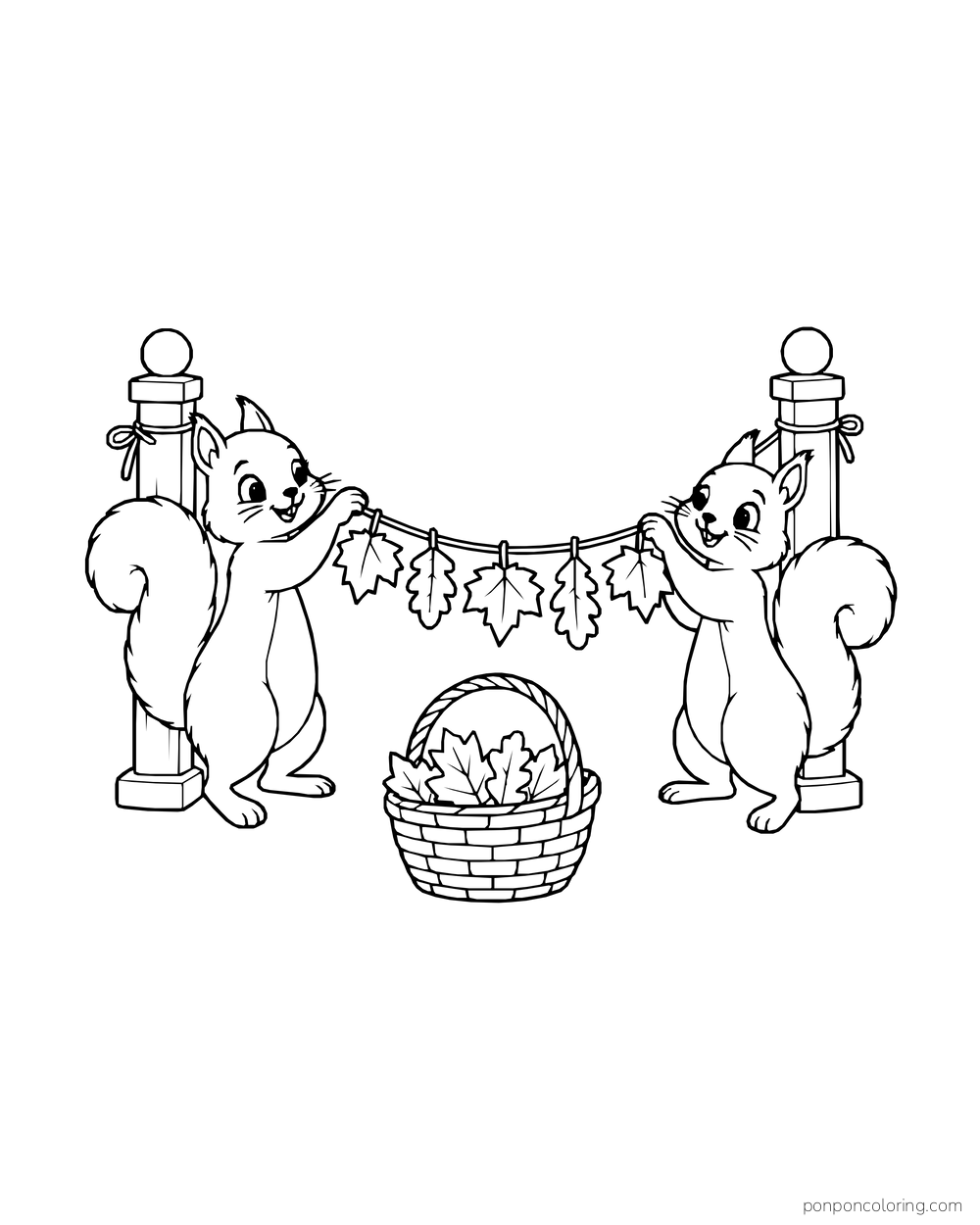 Two squirrels hold a string of fall leaves above a basket.
