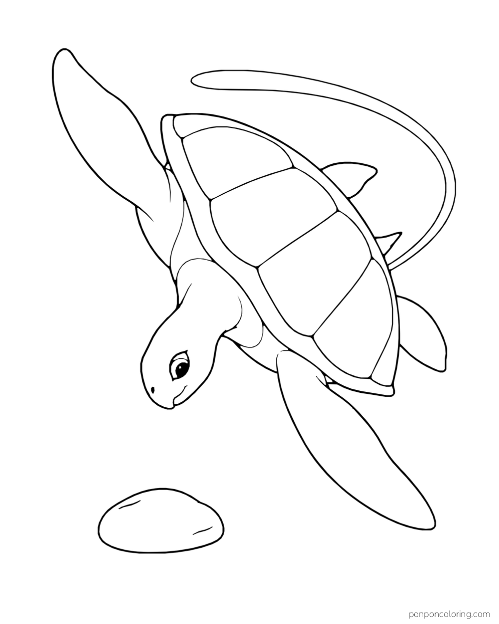 A sea turtle rolls into a downward turn above a single rounded stone.