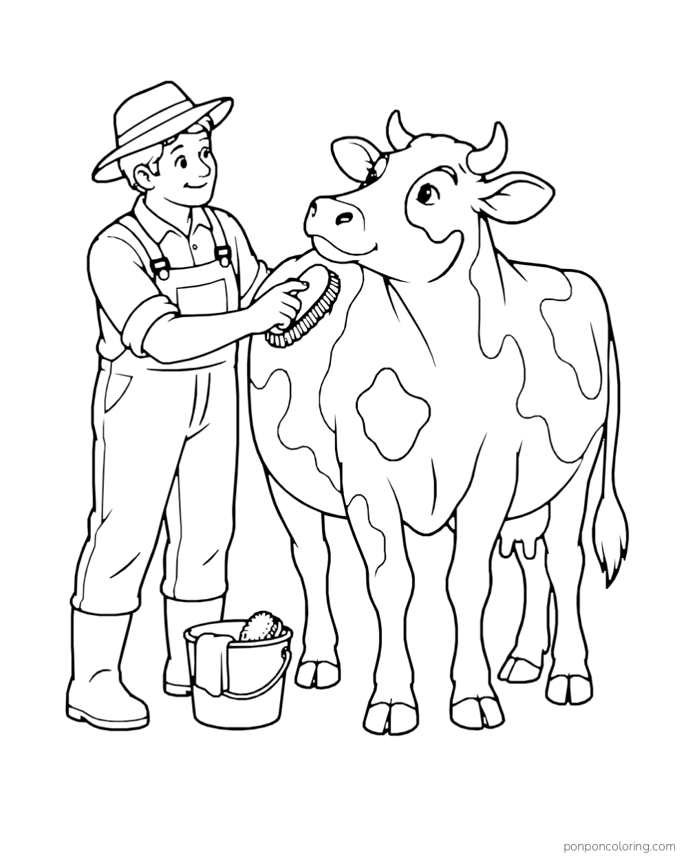 A farmer brushes a standing cow beside a bucket.
