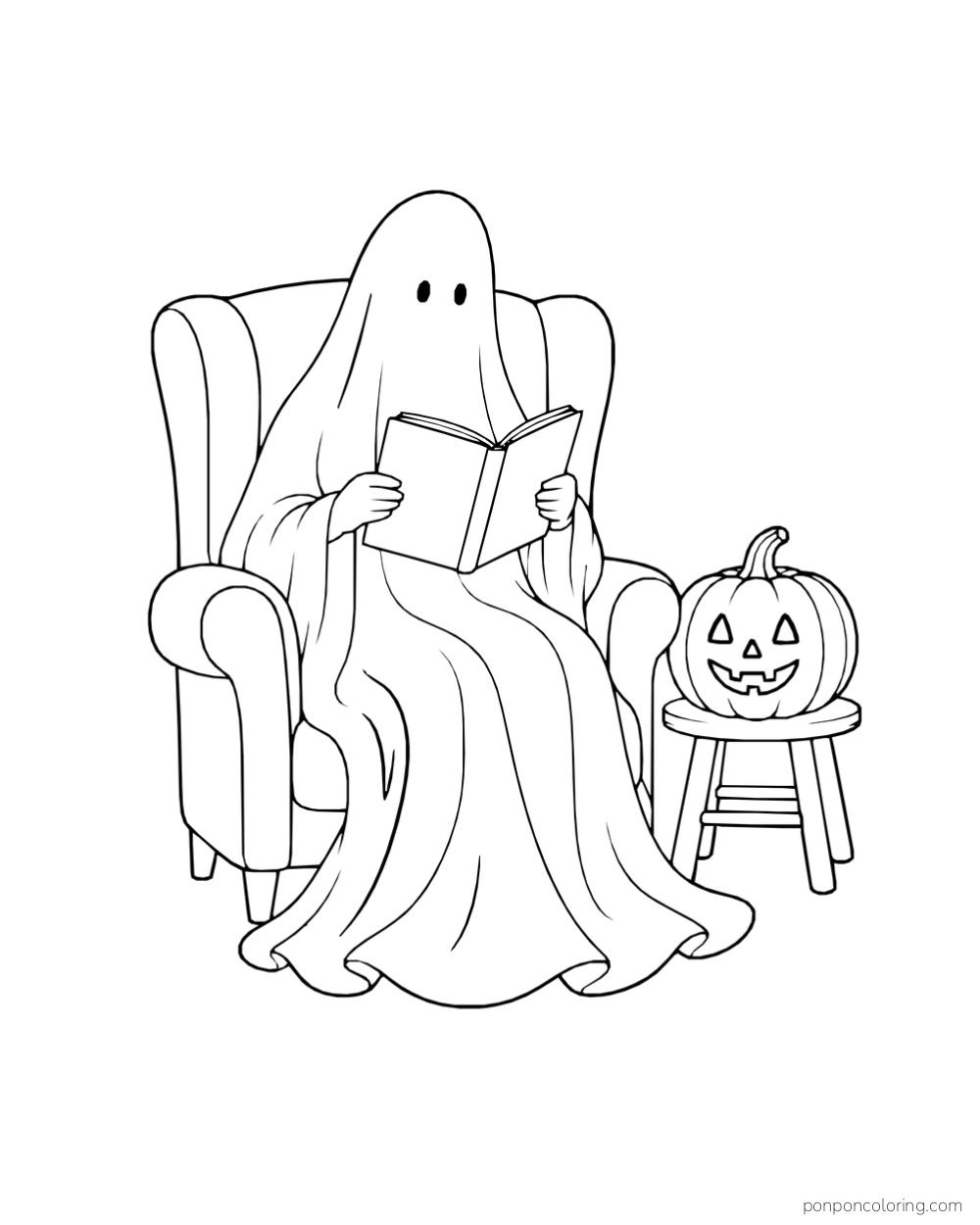 A draped ghost reads in an armchair beside a jack-o-lantern on a stool.
