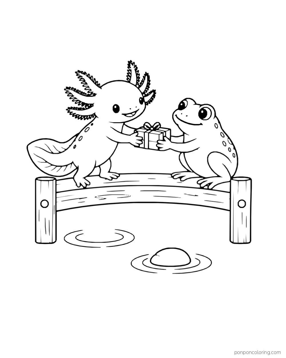 Axolotl passing a small ribboned gift to a frog on a short wooden bridge.
