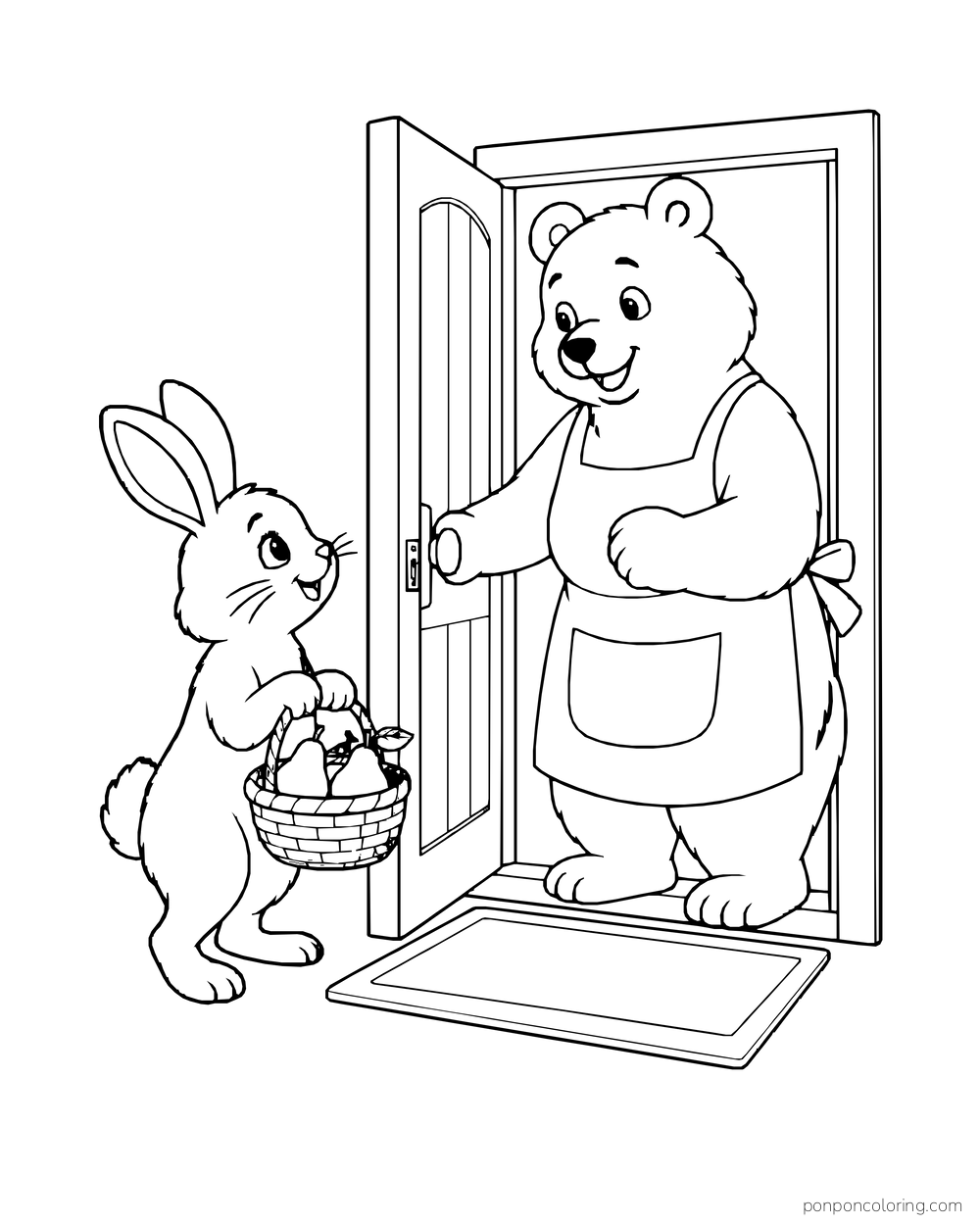 A bear opens the door to a rabbit carrying a basket of fruit.