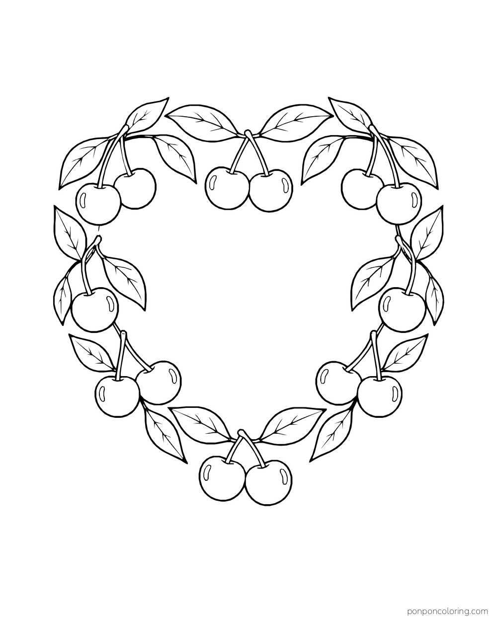 A wreath of joined cherries and leaves forms an open heart shape.