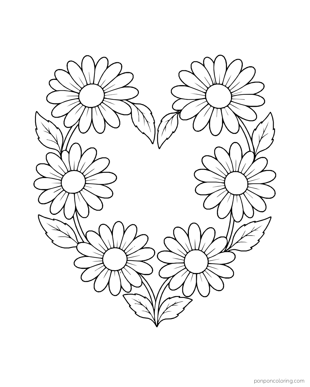 Six daisies and leaves form a loose heart with a clear open center.