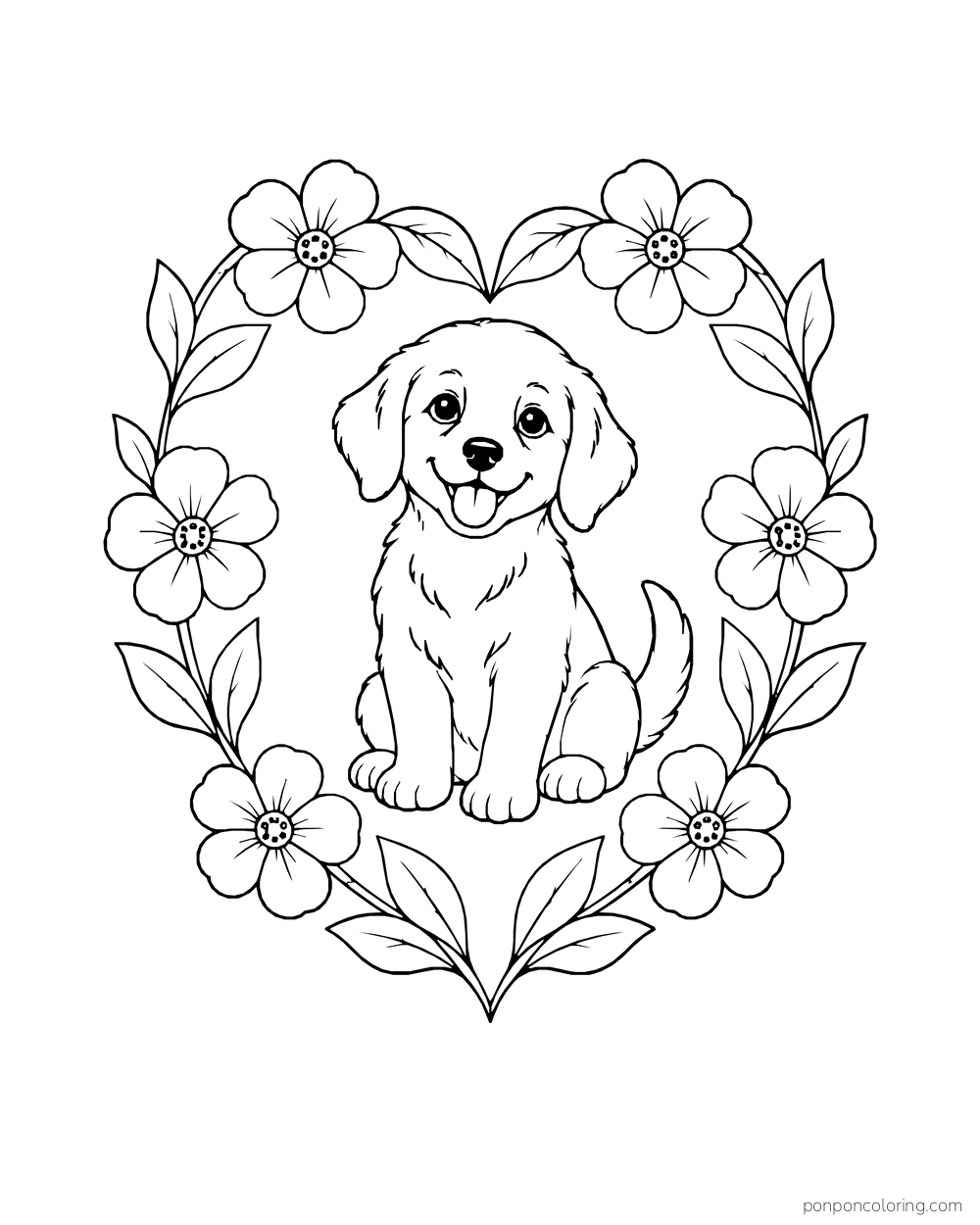 A seated puppy is framed by a heart-shaped wreath of flowers and leaves.