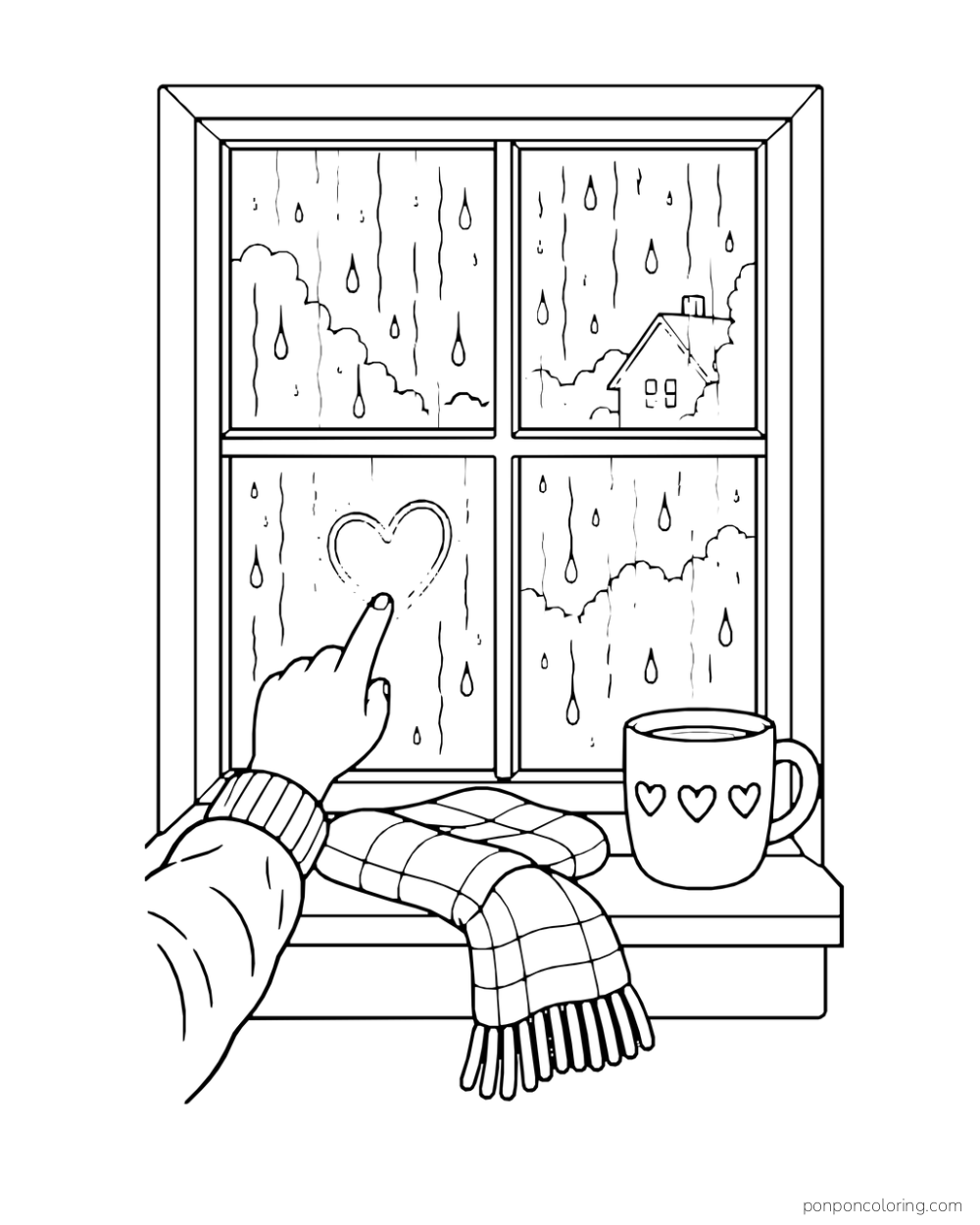 A finger traces a heart on a foggy window above a scarf and mug.