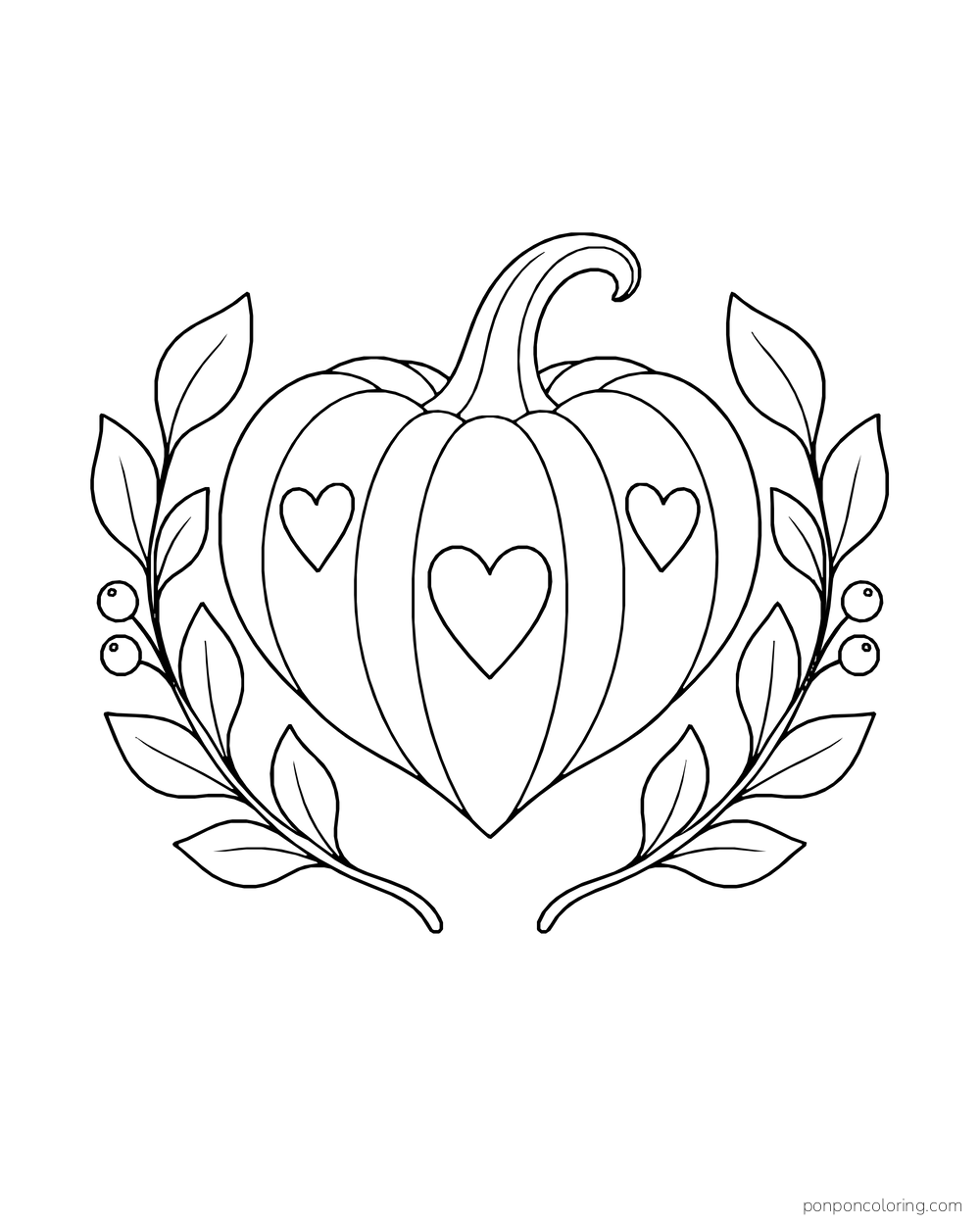 Three hearts decorate a heart-shaped pumpkin between leafy sprigs and berries.