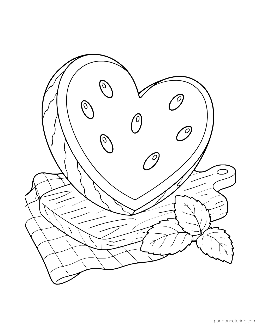 A heart-shaped watermelon slice on a board with a checked cloth and leaves.