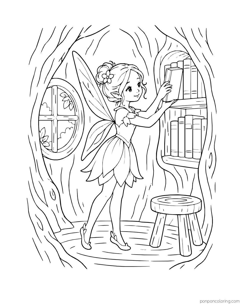 Fairy reaching for books on a shelf inside a hollow tree library.