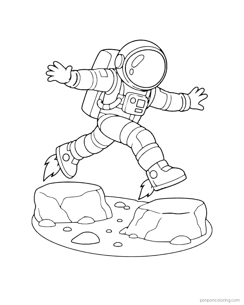 An astronaut uses jet boots to hop between two large rocks.