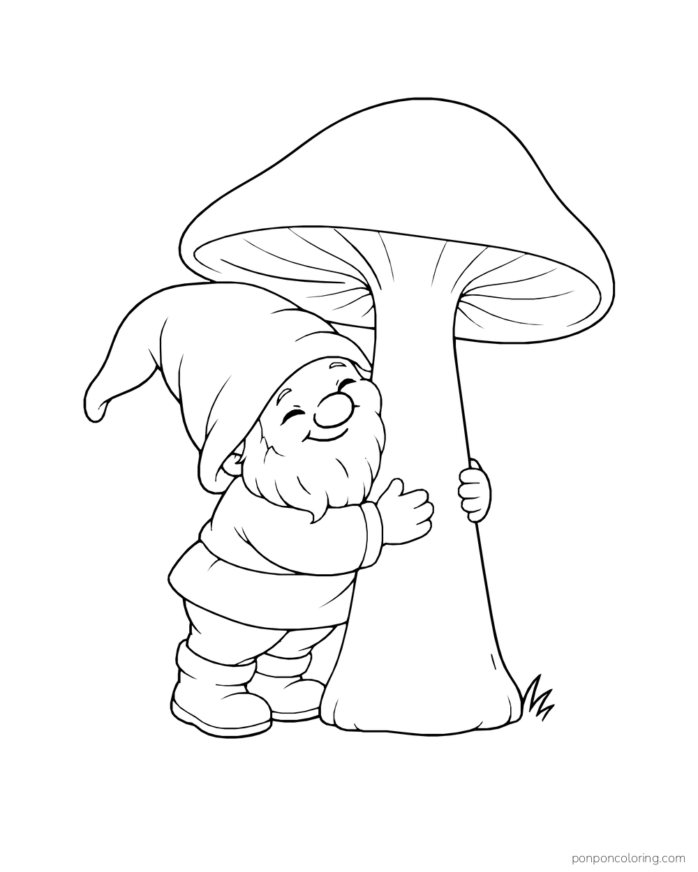 Gnome wrapping both arms around the stem of one tall mushroom.
