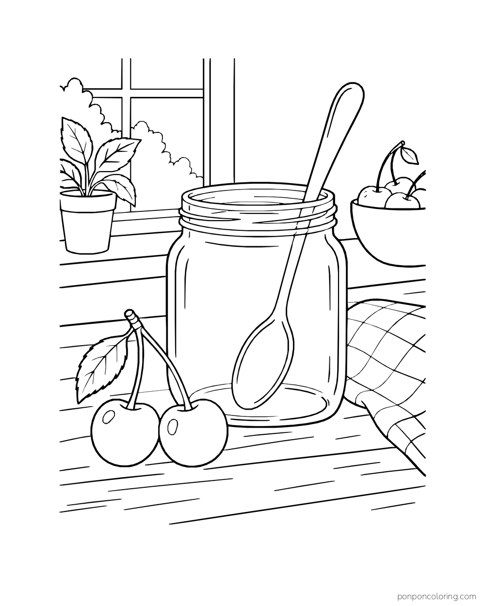 An open jam jar and spoon stand beside two cherries on a kitchen counter by a window.