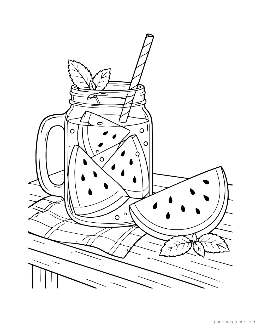 Watermelon wedges in a handled juice jar with a striped straw, plus another wedge on the table.