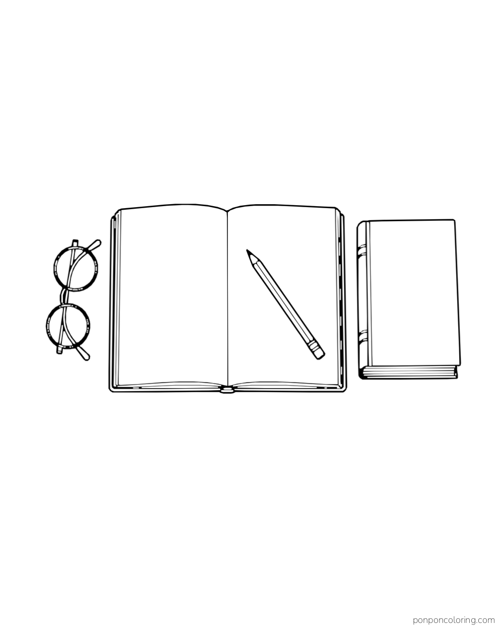 An open journal with a pencil and one closed book beside it.
