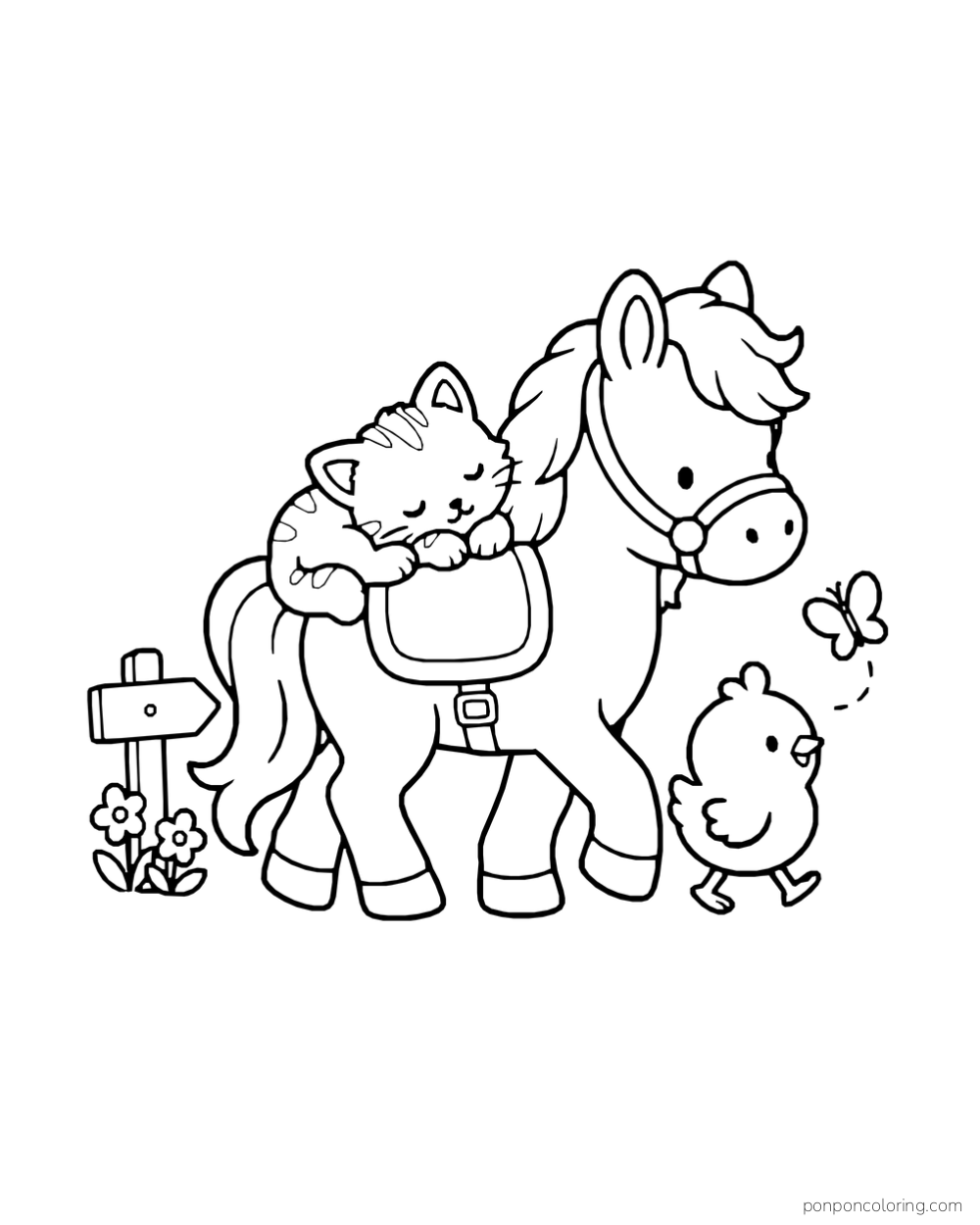 A kitten sleeps on a pony saddle while a chick follows a butterfly nearby.
