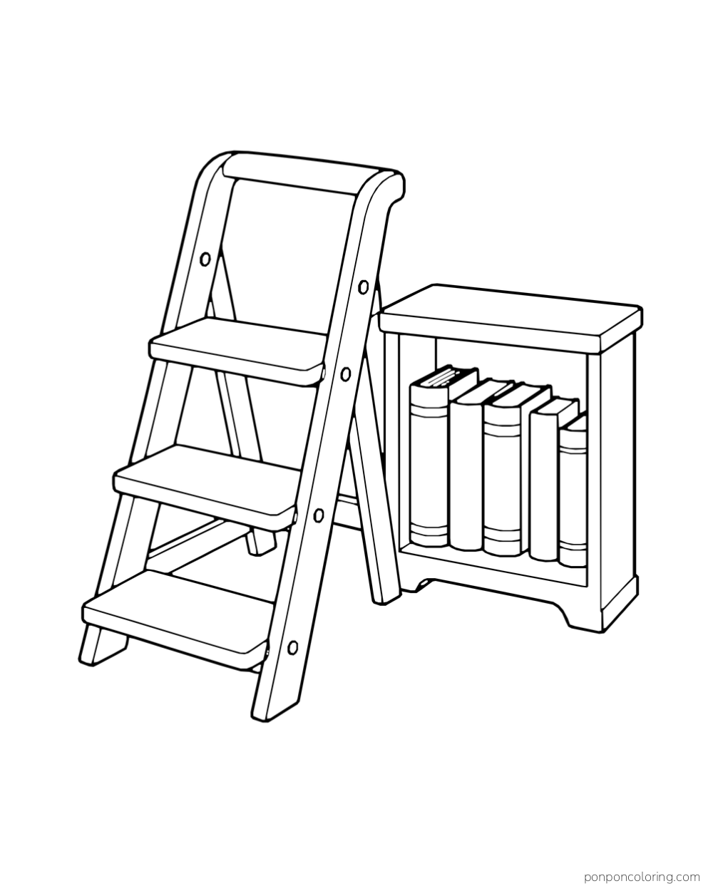 A three-step ladder beside a low bookcase holding five books.