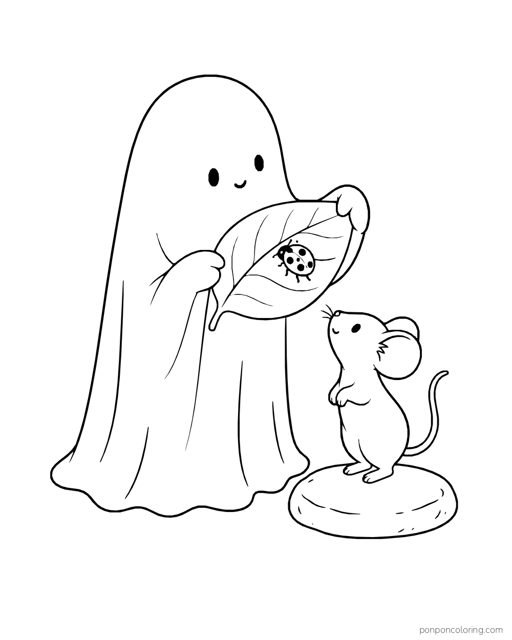 A ghost shows a ladybug on a large leaf to a tiny mouse.
