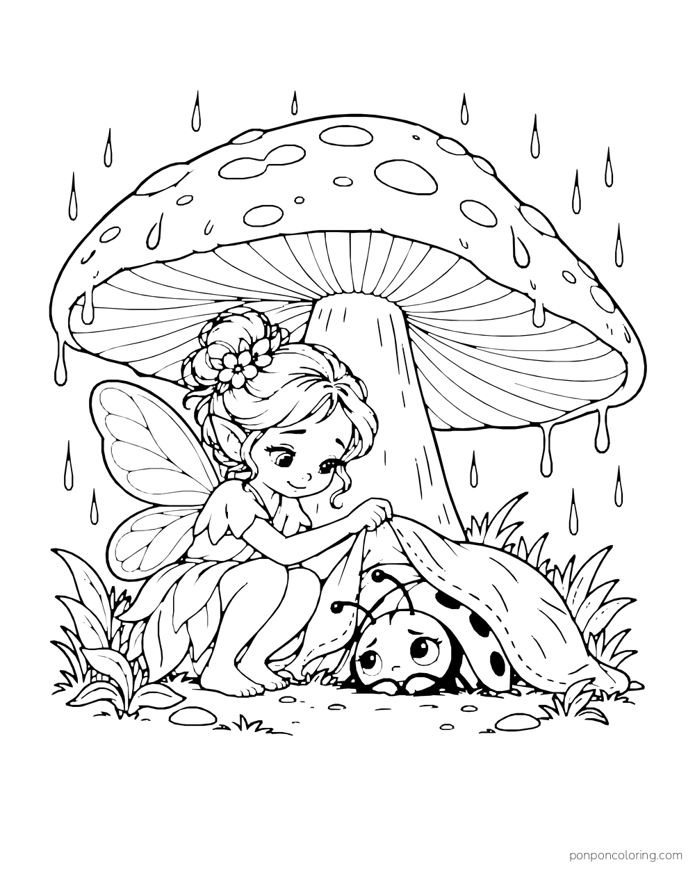 A tiny fairy tucks a ladybug beneath a blanket under a mushroom cap.