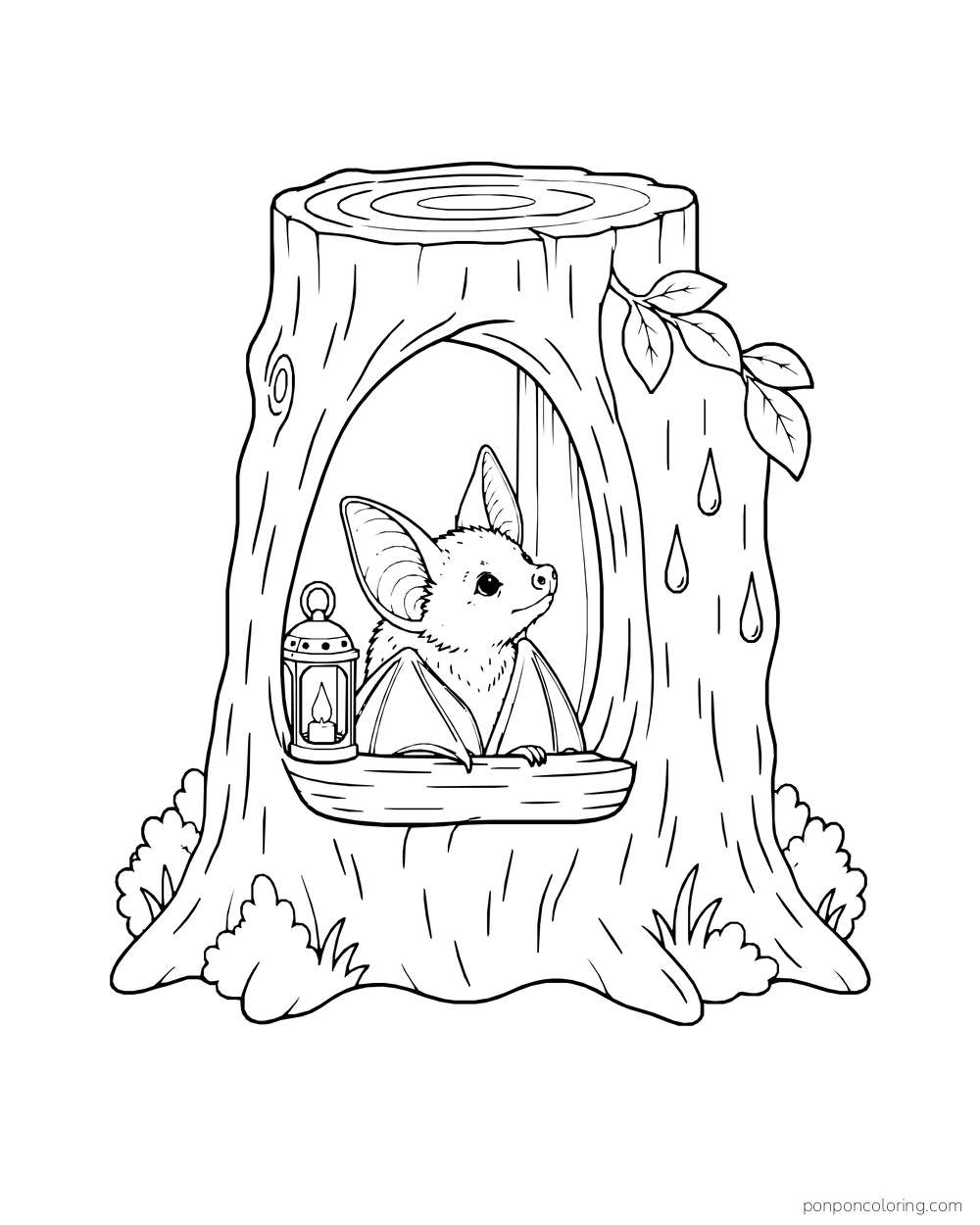 A bat looks out of a tree-stump window beside a lantern as raindrops fall outside.